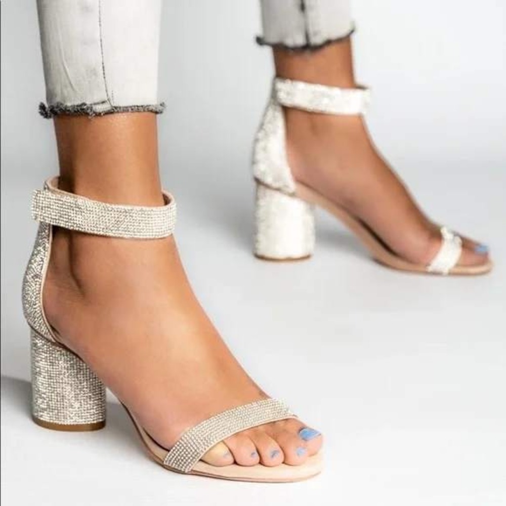 Jeffrey Campbell Laura Crystal Embellished Block Heeled Open Toe Sandal Size 7.5